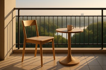 Slim balcony chair angled to the rail with a mug on the ledge