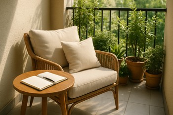 Compact balcony table with a notebook and glass beside a chair