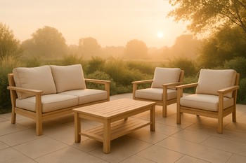 Outdoor lounge with pale cushions and soft dawn light on a green lawn