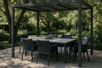 Shaded garden dining table with moss cushions and dark frames