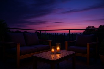 Balcony lounge with warm lantern light and clay coloured cushions at twilight