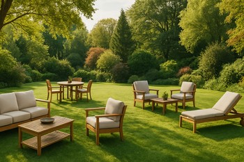 Wide garden view with GardenNest lounge and dining pieces settled on the lawn