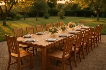 Long outdoor table with many chairs and lanterns arranged along the lawn edge