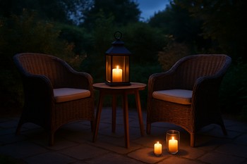 Two people sharing a low outdoor sofa with one lantern on a table