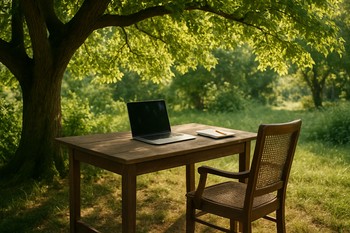 Outdoor table under a tree with a laptop and notebook