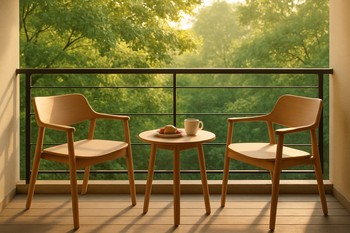 Small balcony with two chairs and a table facing trees in the morning light