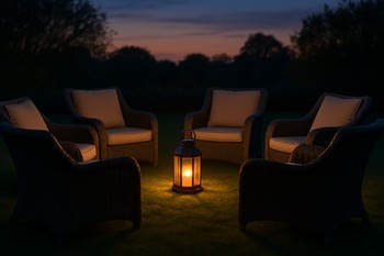 Circle of outdoor lounge chairs with a lantern in the middle at dusk