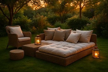 Evening garden lounge island with cushions and lanterns on a soft lawn