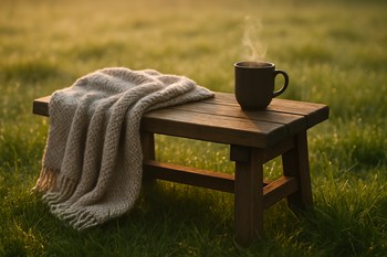 Low garden bench with a blanket and mug in early light on grass