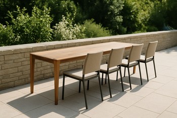 Slim terrace dining line with four chairs along a low wall