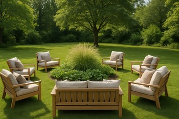 Large outdoor lounge island with several modules and many cushions on a big lawn