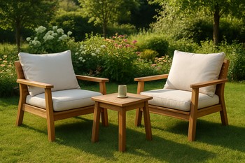Two-seat outdoor sofa with a table forming a medium-sized island on grass