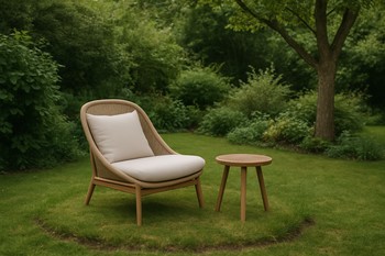 Single lounge chair with a low table on a small lawn patch
