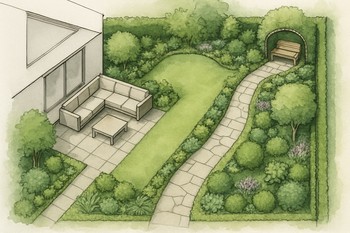 Long garden sketch with a lounge near the house and a nook in the far corner