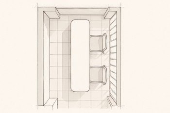 Top view sketch of a narrow balcony with a slim table and two chairs