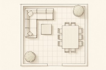 Sketch of a square patio with a lounge on one side and dining on the other
