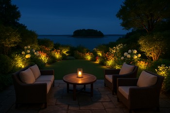 Lounge island catching low evening sun at the far end of a garden