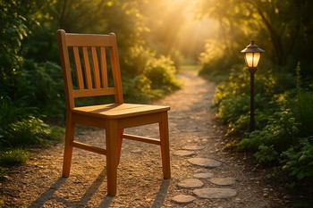 Single lounge chair placed where the first light touches a corner of lawn