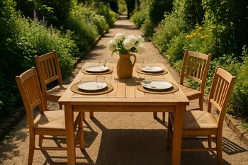 Outdoor dining table moved into a band of shade beside a wall
