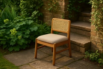 Outdoor chair placed neatly beside stone steps leading down to a lawn