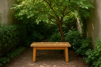 Short bench under a leafy tree beside a narrow strip of grass