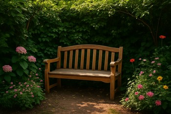 Wooden bench hidden between tall plants in a quiet garden corner