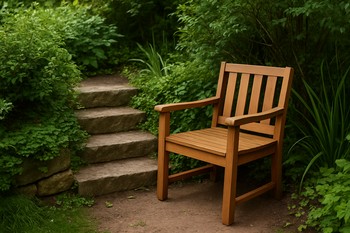 Compact outdoor chair set beside stone steps overlooking the lawn