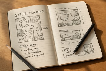 Open notebook with small printed outdoor photos taped beside hand-written notes