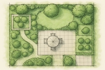 Top view sketch of a garden with islands and arrows on a notebook page