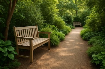 Deep lounge seat tucked into the far corner of a lawn with lantern light