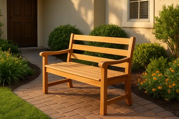 Outdoor bench just outside a glass door with cushions and shoes on the step