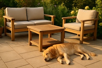 Dog sleeping beside an outdoor chair on a sunlit terrace