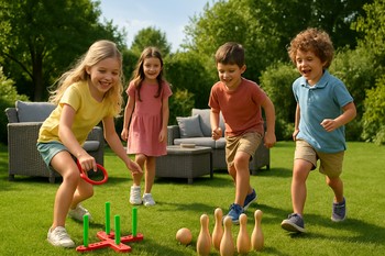 Children playing on a lawn while low outdoor sofas stay along the edge