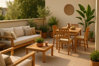 Terrace with a slim dining line and small lounge corner along the same wall