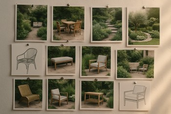 Cork board with several small garden and balcony photos pinned in rows