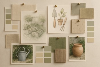 Close view of two pinned outdoor photos with handwritten notes under them