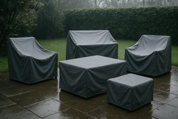 Outdoor lounge with light furniture covers pulled over modules before rain