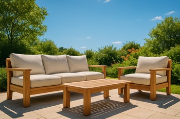 Summer garden lounge with uncovered cushions and bright grass